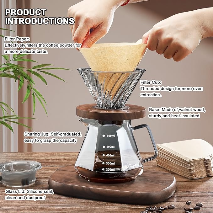 Mongdio Pour Over Coffee Maker, 20 oz High-Heat Borosilicate Glass Coffee Maker with 100pcs Paper Filters, Walnut Handle & Glass Lid, Drip Coffee Maker Set for Home Café Restaurant - 600ml, Gray