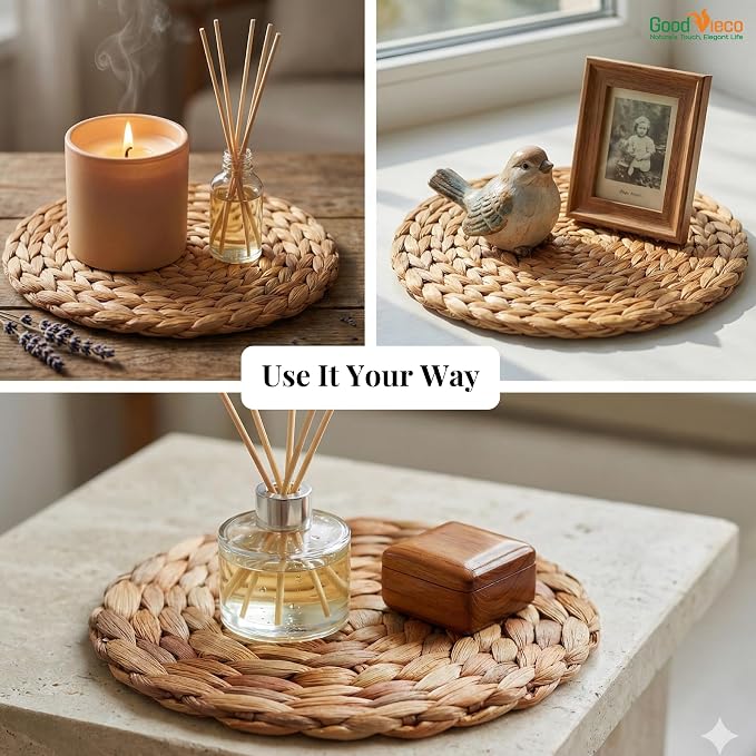 Woven Placemats Set, Handcrafted Water Hyacinth Round Rattan Place Mats for Dining Table, Natural Boho Wicker Farmhouse Table Decor, Indoor Outdoor Chargers (6, Round - 12in)
