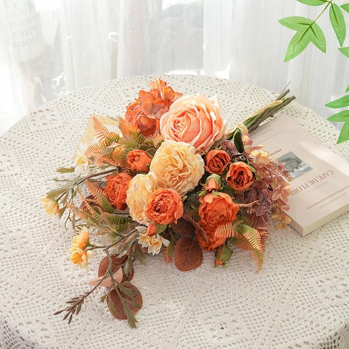 17-inch Artificial Fake Flowers Silk Flower Arrangements Faux Bouquets Consists of Ranunculus, Wild Chrysanthemums, Roses, Hydrangeas and Some Filler Greens