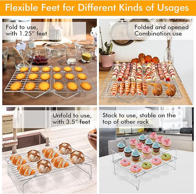 TeamFar Cooling Rack, 4-Tier Stainless Steel Wire Rack for Baking Roasting, Healthy & Heavy Duty, Dishwasher Safe, Stackable & Collapsible, Firmly Weld & Smooth Surface, 15”x10”