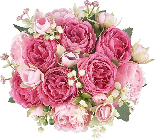 Mkono Peonies Artificial Flowers, Small Silk Flowers for Home Decor Indoor Fake Bouquet Faux Floral Arrangements Dining Table Centerpieces for Kitchen Party Decor (2, Mixed Pink)