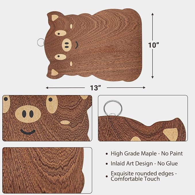 Animal Shaped Cutting Board, Decorative Hardwood Chopping Block for Kitchen Wall Hanging, Wooden (Piggy, 13"L x 10"W)