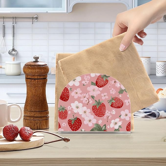 Napkin Holder Acrylic Napkin Holder for Table Kitchen Party Restaurant U Shaped Upright Napkin Dispenser Organizer Pink Blossoms and Strawberries