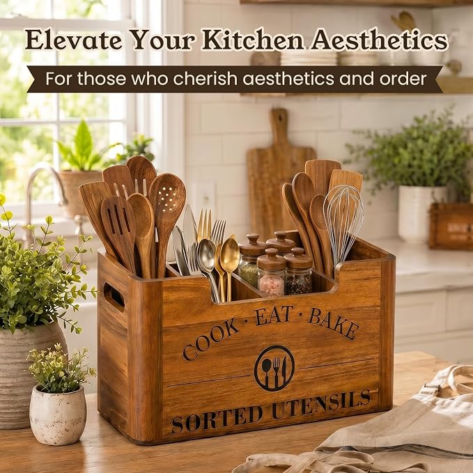 Upgraded Acacia Wood Kitchen Utensil Holder, Large Farmhouse Countertop 4-Compartment Wooden Cooking Utensil Holder for Counter, Island & Dining Room