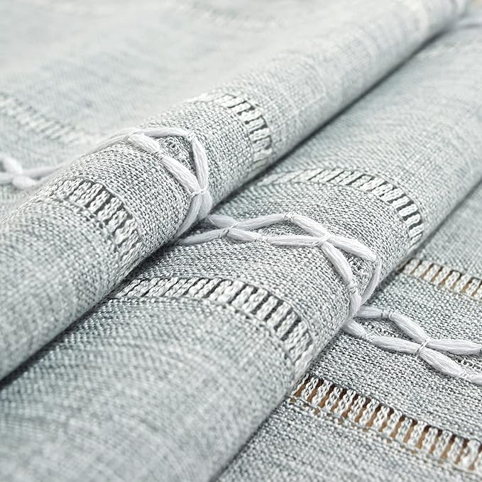 Rustic Farmhouse Style Linen Table Runner, Boho Handmade Tassel Hemstitched Embroidery Table Runners 72 Inches Long for Holiday Party, Dresser and Dining Decorations, 13 x 72 inch - Light Grey