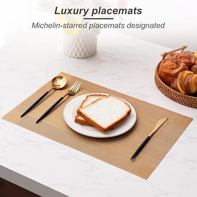 CADONO Placemats Set of 4 Washable Indoor/Outdoor Vinyl Place Mats for Dining Table Durable Non-Slip Heat Resistant PVC Weave Table Mats（Gold Cube）