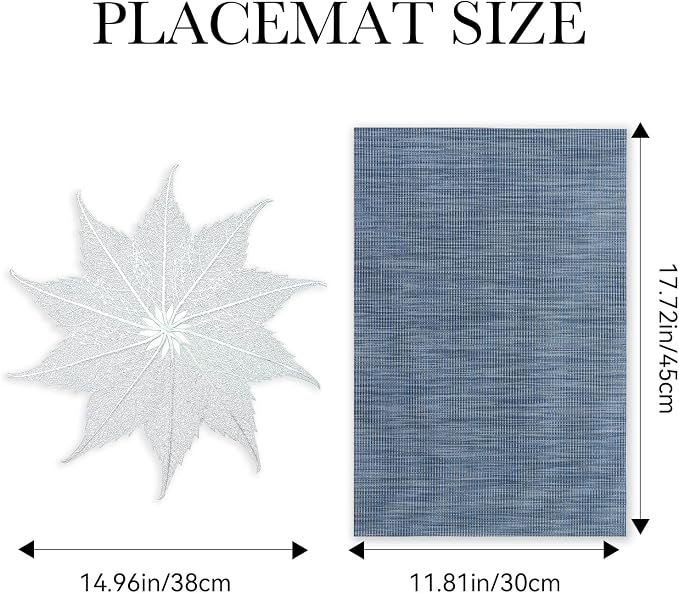BACKTOEDEN Placemats Set of 6 Heat Resistant Washable Wipeable Placemat Woven Non-Slip Foldable Vinyl/Plastic Place Mats Indoor/Outdoor Mat Kitchen Dining Table Pad, Silver Maple Leaf & Blue