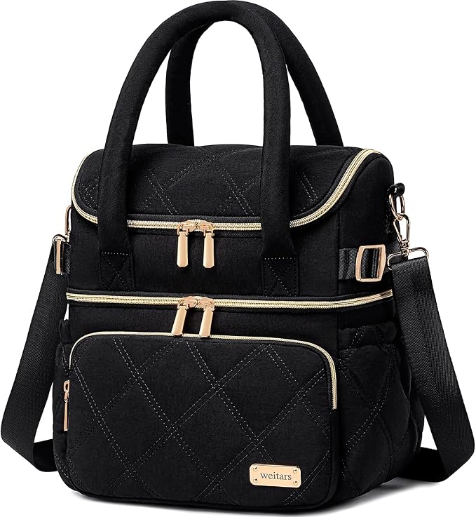 Weitars Lunch Bag for Women Men,Double Deck Lunch Box for Women,Quilted Lunch Tote for Work,Insulated Lunch Cooler Leakproof Lunchbox for Adult with Shoulder Strap &Pockets for Picnic Hiking (Black)