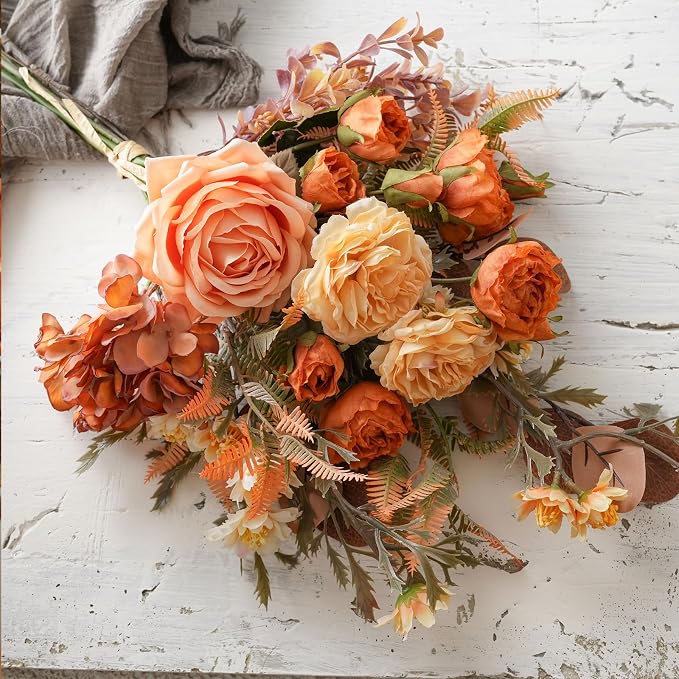 17-inch Artificial Fake Flowers Silk Flower Arrangements Faux Bouquets Consists of Ranunculus, Wild Chrysanthemums, Roses, Hydrangeas and Some Filler Greens