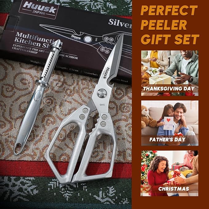 Huusk Kitchen Scissors and Potato Peelers Set, Multifunction Japanese Vegetable Peeler for Kitchen, Stainless Steel Cooking Shears with Fruit Peeler for Carrot, Veggie, Gifts for Women
