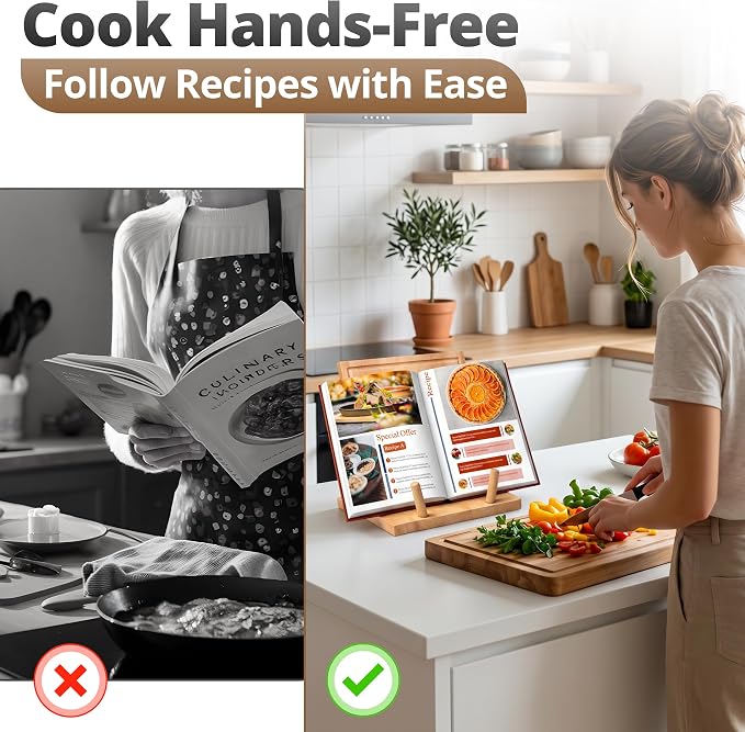 Wooden Cookbook Stand & Cutting Board, 3-in-1 Recipe Book Holder & Tablet Stand with Detachable Boards, Serving Tray, Juice Groove for Kitchen Counter