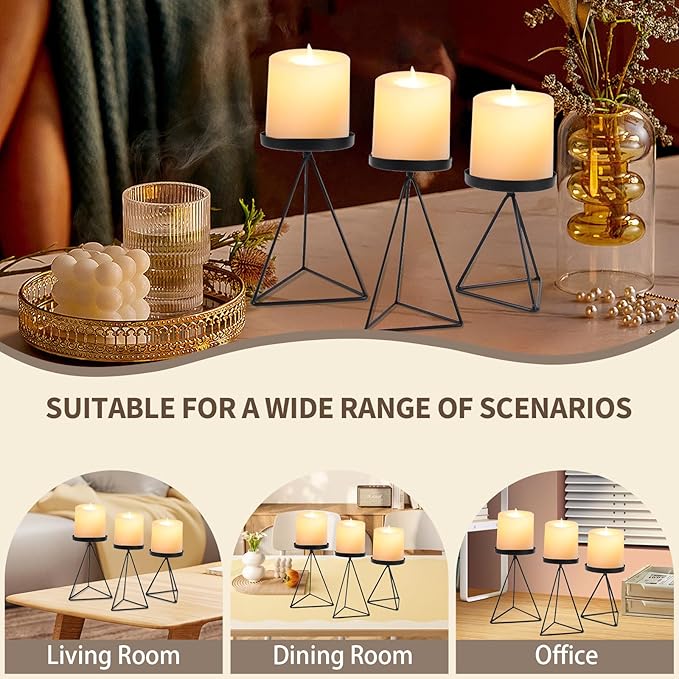 3 PCS Geometric Candle Holders for Pillar Candles Black Metal Pillar Candle Holder Vintage Candle Stands Table Centerpiece for Wedding Christmas Home Decoration
