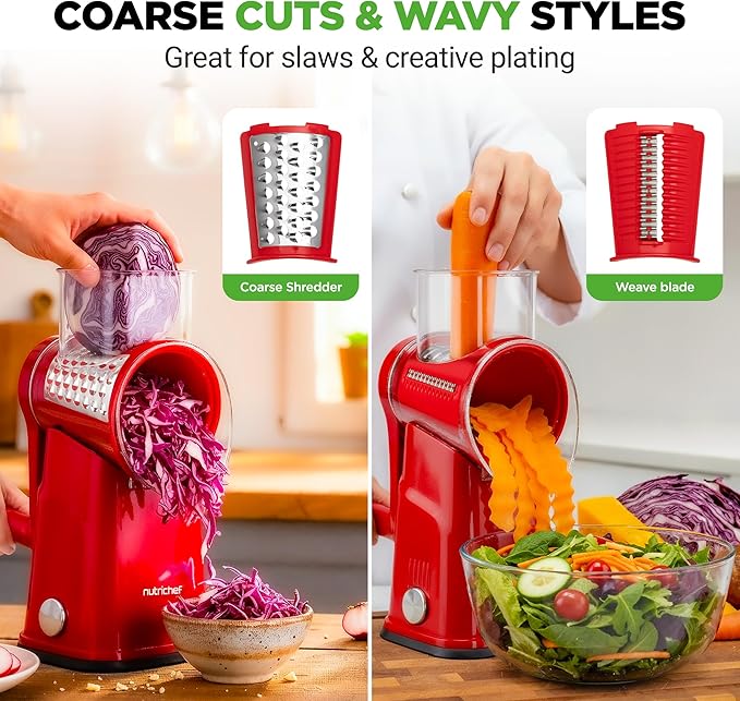 NutriChef 5 in 1 Cheese Grater & Shredder | 5 Different Blades for Thin, Thick, Julienne Strips, Wavy, & Straight Strips | Includes Hand Crank, Strong Suction Base & Storage Container | Red