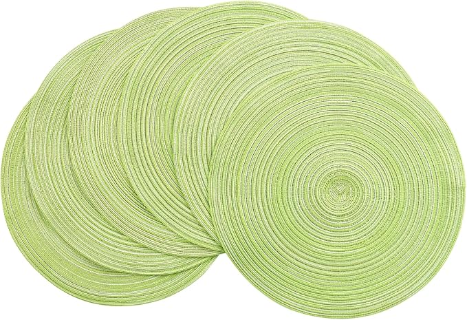 Floroom 15 Inch Round Braided Placemats Set of 6, Washable Heat Resistant Cotton Polyester Circle Place Mats for Kitchen Dining Table - Spring Green