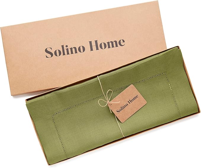 Solino Home Linen Hemstitch Table Runner 108 Inches Long - 100% Pure Linen Avocado Green Table Runner 14 x 108 Inch for Summer - Classic Hemstitch