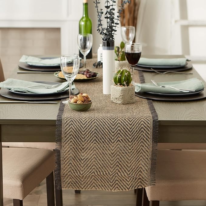 DII Jute Burlap Collection Kitchen Tabletop, Table Runner, 14x108, Chevron Gray