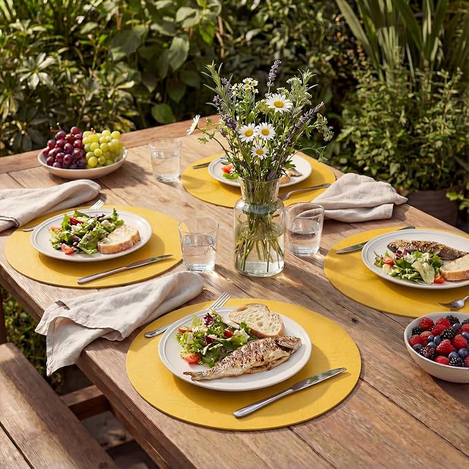 Artoid Mode Yellow Faux Leather Placemats Set of 4, 15 Inch Waterproof Wipeable Heat Resistant Vinyl Place Mats, Reversible Table Mats for Summer Kitchen Dining Decor