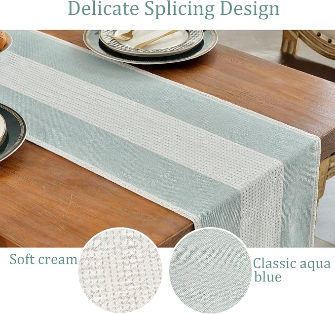 Wracra Linen Table Runner, Farmhouse Macrame Table Runners 108 Inches Long for Dining Table Decor, Wedding, Party and Dresser Decor (Aqua Blue,108")