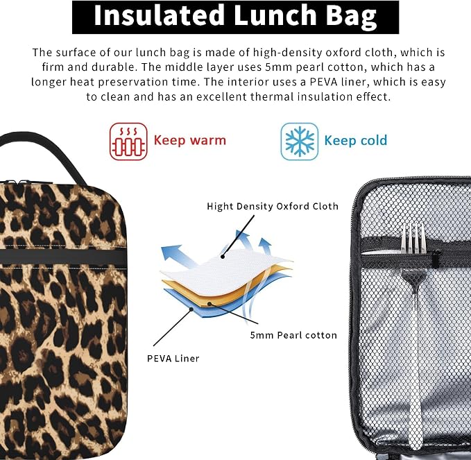 Leopard Cheetah Print African Animal Hunting Insulated Lunch Bag Portable Reusable Zipper Lunch Box For Men Women Work Picnic Travel Camping