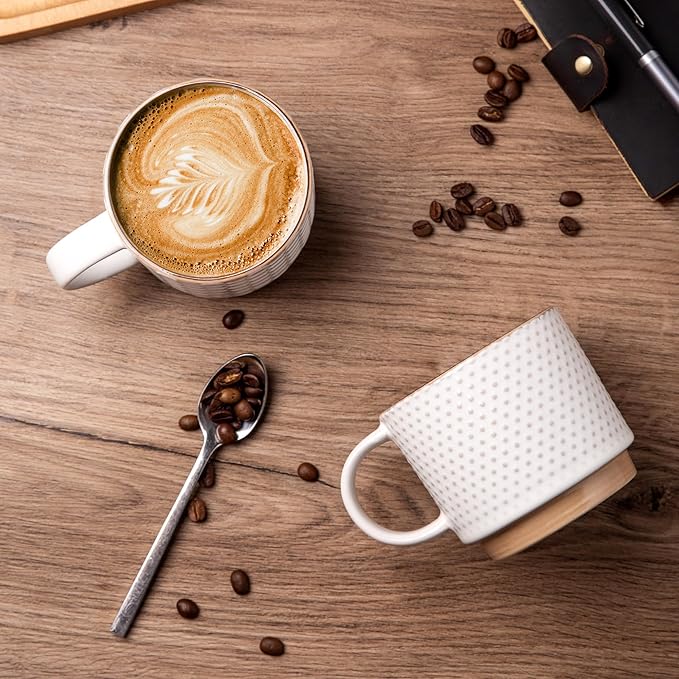 GBhome 12OZ Stackable Coffee Mugs Set of 6, Ceramic Coffee Mugs with Texture Patterns for Man,Woman,Dad,Mom, Modern Coffee Cups for Latte/Cappuccino/Cocoa. Dishwasher&Microwave Safe, Off White