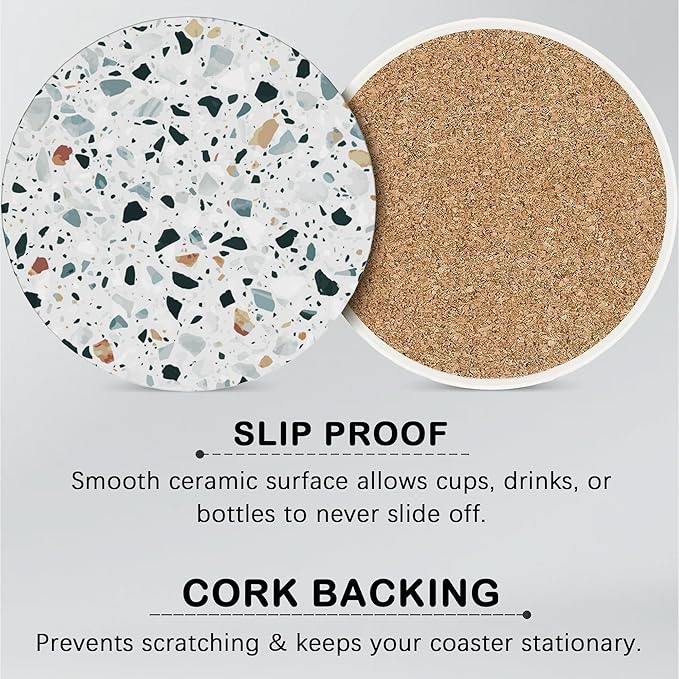 Terrazzo 6 Pcs Drink Coasters with Holder, Modern Granite Absorbent Round Ceramic Coaster for Tabletop Protection, for Coffee Cup Beverage Coasters Wine Beer Bar