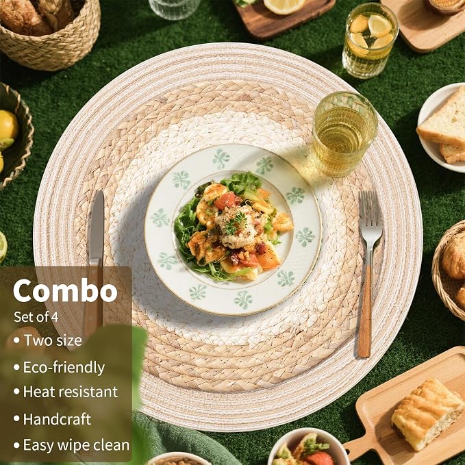 Handmade Round Boho Placemats Set of 4 | Natural Woven & Polyester Braided Combo Table Mats | 8-Piece Versatile Place Mats | Simple Rustic Farmhouse Style Dining Table Decor