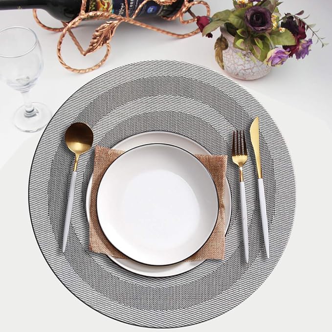 PIGCHCY Round Placemat Set of 6 Heat Resistant Vinyl Washable Kitchen 15 inch Placemats for Home Indoor Outdoor Party (Deep Silver)