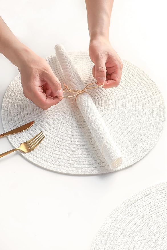 Floroom 15 Inch Round Braided Placemats Set of 4, Washable Heat Resistant Cotton Polyester Circle Place Mats for Kitchen Dining Table - White