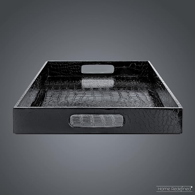 Black Leather Serving Tray with Handles, Glossy Faux Crocodile Print, 17.5x12 Food Drinks Tray for Coffee Table, Breakfast, Dinner & Bar, Decorative Storage Tray for Ottoman, Kitchen, Bedroom, Gift.
