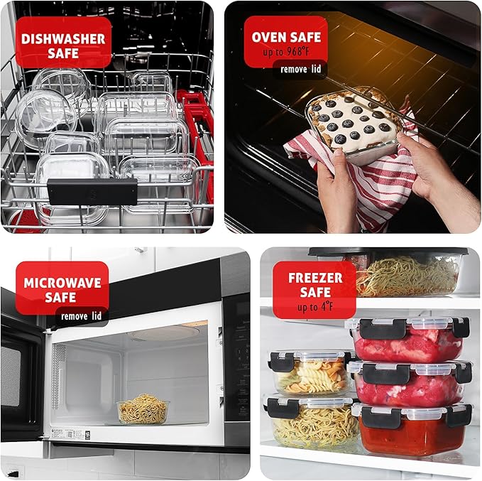 EATEX 16pc Glass Food Storage Containers with Lids, Airtight Glass Meal Prep Containers, 8 Reusable Food Containers with 8 Leakproof Snap Lock Lids, Oven Microwave Freezer Safe Lunch