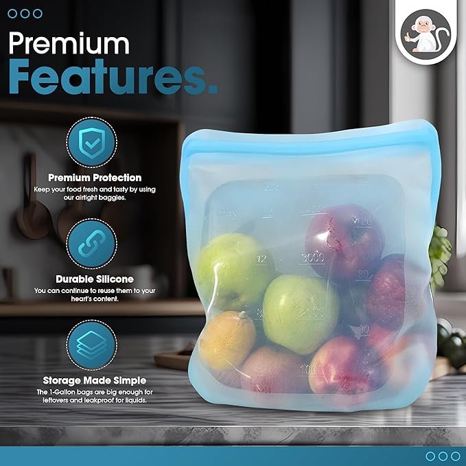 Albino Monkey Reusable Silicone Food Storage Bag, Extra Large XXL 1 Gallon 135 oz - Airtight Leakproof Stand-Up Freezer Bag for Meal Prep, 100% Food-Grade Silicone, BPA-Free (Blue, 1-Pack)