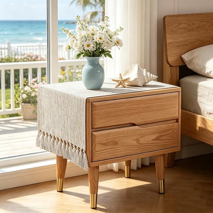 yuboo Boho Dresser Runner for Bedroom 36 Inch, Short Table Runner with Tassels, Small Farmhouse Dresser Top Cover for Nightstand, End Table, Coffee Table, Rustic Beige Bedroom Decor