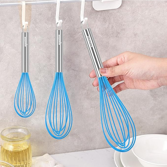 NileHome Whisk Commercial Stainless Steel wisk & Silicone Non-Stick Coated Small Whisk Set 8" 10" 12" Kitchen Wisk Wire Whisks for Cooking 3 Pack, Bule