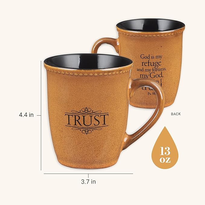 Christian Art Gifts Saddle Tan Stoneware Coffee Mug – 13 oz. Microwave and Dishwasher-safe Lead-free Inspirational Scripture Coffee and Tea Mug for Men & Women with Bible Verse: Trust – Psalms 91:2