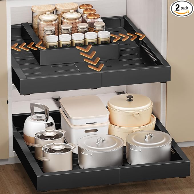 2 Pack Pull Out Cabinet Organizer, Drawers Slide Out Expandable Width (12"-19") and Depth (17"-23") With 3 Slides, Fixed with Adhesive Film and Nail for Cabinets in Kitchen, Pantry or Bathroom - Black
