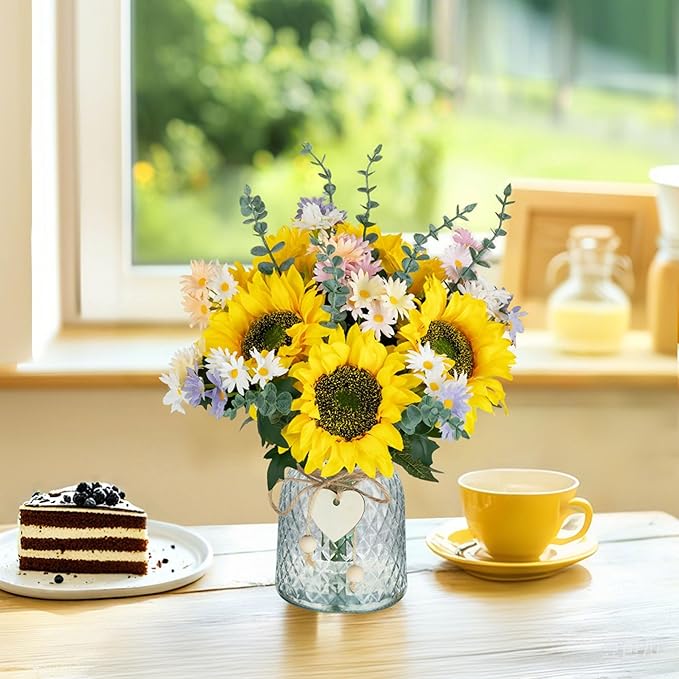 BLOSMON Sunflower Fake Flowers in Vase: Sunflowers Artificial Flowers with Vase for Table Centerpieces Decor - Silk Flower Bouquet Faux Arrangements Kitchen Bathroom Wedding Party Decoration