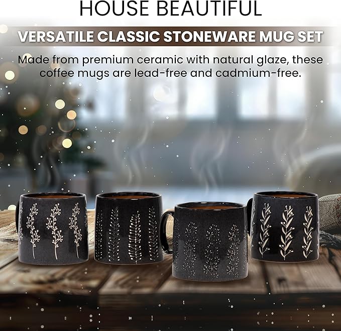 House Beautiful Versatile Classic Stoneware Mug Set - 20 oz, Set of 4 (Timeless Impressions)