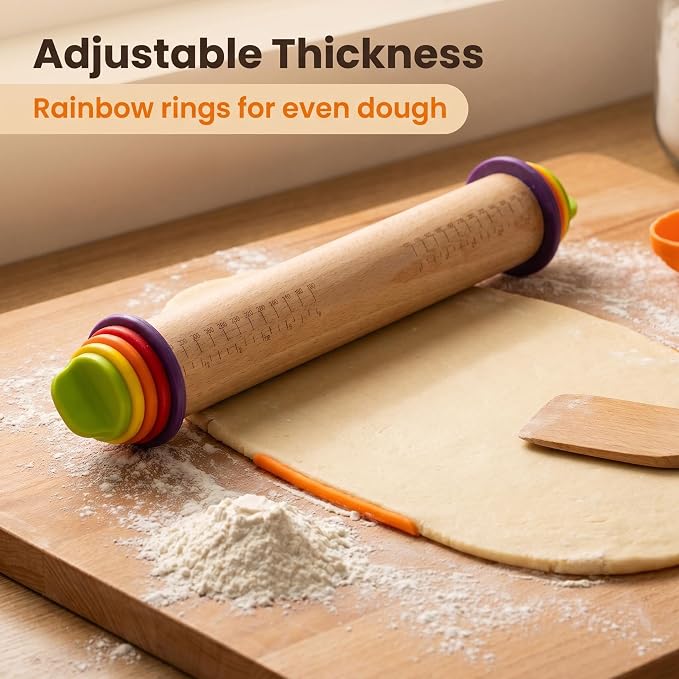 Adjustable Rolling Pin with Thickness Rings, 13.78" Dough Roller with 4 Multicolored Rings,Wooden Rolling Pins for Baking, Bread, Pizza Doughs, Pie Crusts-Home Baking Gift