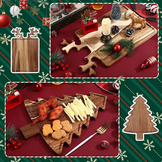 Umigy 2 Pcs Christmas Charcuterie Boards Christmas Tree Wooden Cutting Board with Handle Antler Acacia Wood Cute Cutting Board for Cheese Fruit Bread Salad Vegetables Snack Dessert (Rectangular Elk)