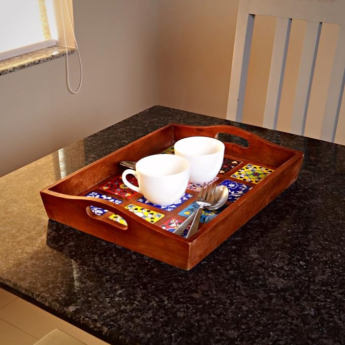 Craft Trade Handcrafted Mango Wood Serving Tray with 12 Floral Ceramic Tiles, Large Rectangular Wooden Platter with Handles for Breakfast & Coffee, 38x30x8 cm