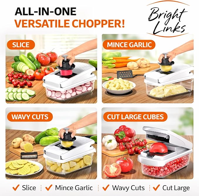 12-in-1 Vegetable Chopper with Container – Mandoline Slicer, Onion Chopper, Food Chopper, Cheese Grater & French Fry Cutter – Multifunctional Kitchen Gadget with 8 Blades, Egg Separator & Peeler