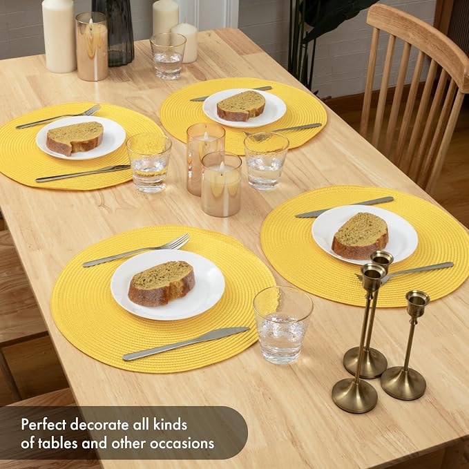 Winknowl Round Braided Placemats Set of 6 Washable Woven Heat Resistant Table Mats for Kitchen Dining Tables 15 inch Round Place Mats (Yellow,6pcs)