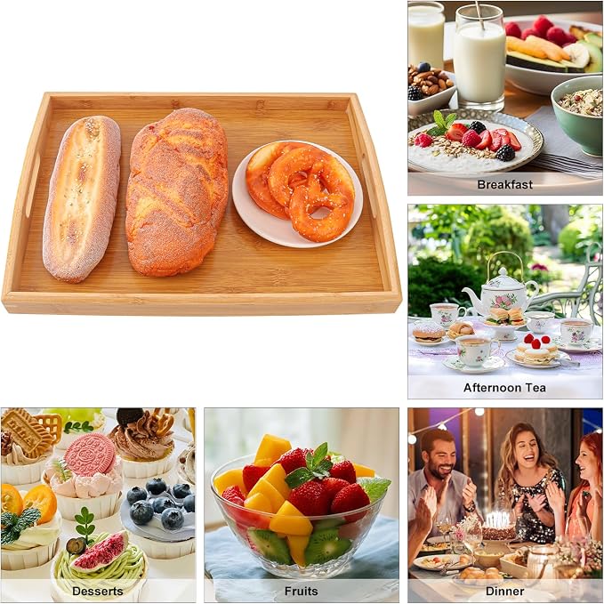 2 PCS Bamboo Serving Tray, Breakfast Bed Tray with Handle, 15.8 x 11.4 x 2 Inch Wood Serving Tray for Serving, Breakfast Bed Trays for Eating, Decor, Displaying Cake, Fruit