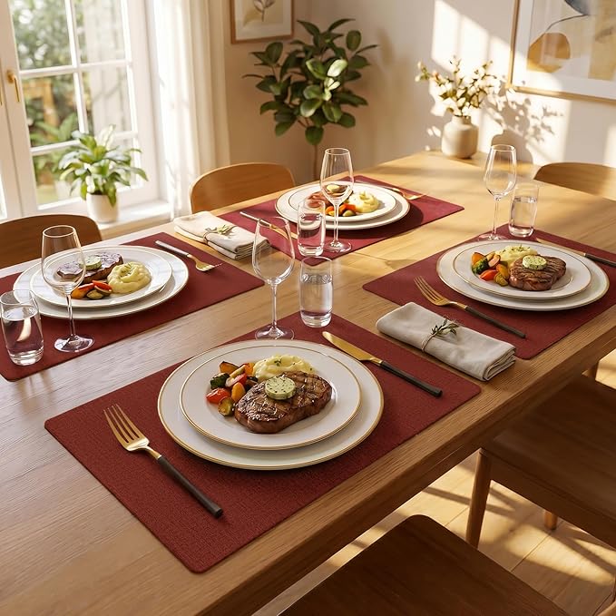 Romanstile Vinyl Placemats Set of 6-12 X 17 Inch - Faux Leather 100% Waterproof Wipeable Anti Slip Place Mats, Heat Resistant Reversible PU Table Mats for Kitchen Dining Party Outdoor, Red
