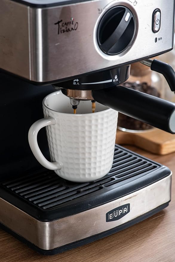 15 oz Ceramic Coffee Mugs Set of 6 - White Waffle Embossed Coffee Cups with Large Handle - Mugs for Latte, Cappuccino & Hot Cocoa - Dishwasher & Microwave Safe - Father's Day & Housewarming Gift