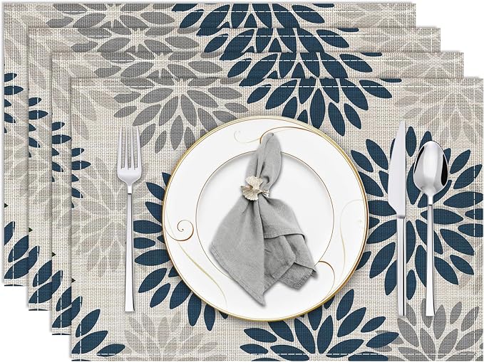 Niviy Dahlia Aqua Floral Pinnata Flower Placemats Set of 4, 12x18 Inch Washable Easy to Clean Heat-Resistant Anti-Skid Grey Placemats for Holiday Party Kitchen