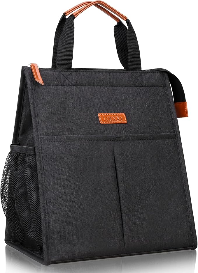 Lacdo Lunch Bag for Women Men Insulated Lunch Tote Bags Waterproof Reusable Lunch Box Soft Cooler with Pockets for Work Travel Picnic, Black