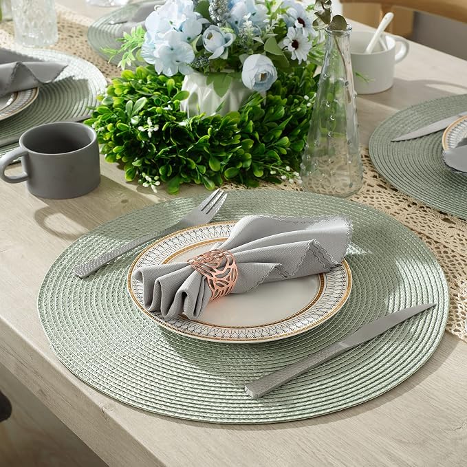 AHHFSMEI Round Placemats Set of 6 Heat Resistant Washable Non-Slip Woven Braided Table Mats for Dining Table Kitchen & Home Decor (Sage Green)