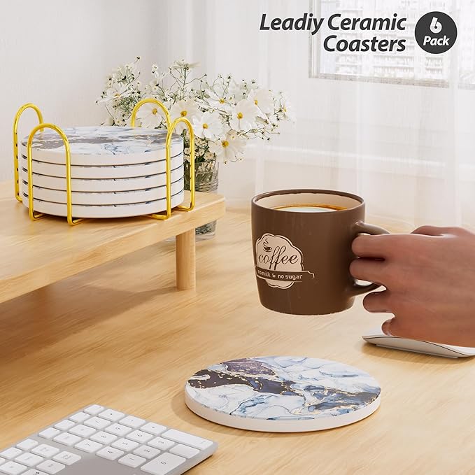 6Pcs/Set Marble Abstract Ceramic Coasters with Holder, Absorbent Drink Coasters, Coffee Cup Coaster,Round Ceramic Table Coasters Set Decorative