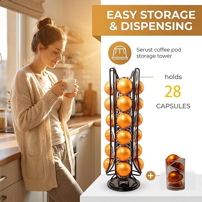 28 Vertuo Pods Holder Compatible with Nespresso Vertuo Pod Holder Organizer VertuoLine Capsules Vertical Coffee Pod Storage for Small Spaces Metal Rack with 360° Rotating Non-Slip Base